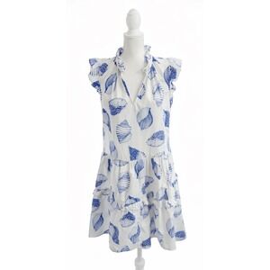 H & M Women's 100% Cotton Medium Frill Trim White & Blue Seashell Dress